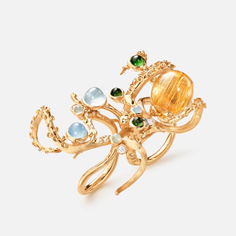 Octopus ring in 18k Gold with Aquamarines, Serpentines, a large Rutile Quartz and Diamonds | Ole Lynggaard Copenhagen